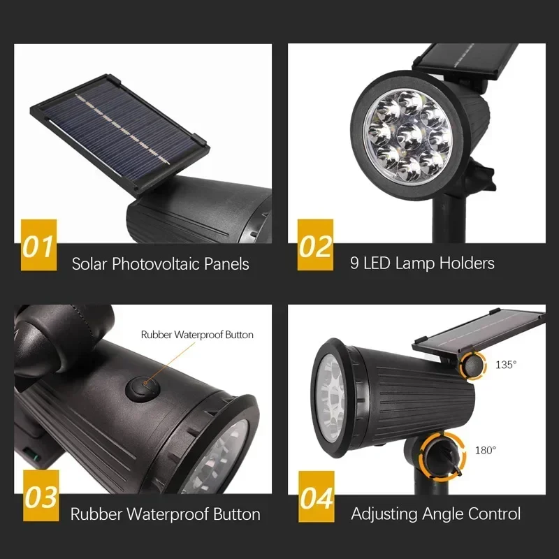 9 LED Solar Spotlights Outdoor Waterproof Spotlights Backyard Lighting Ground Mounted Lawn Lights with Adjustable Brightness