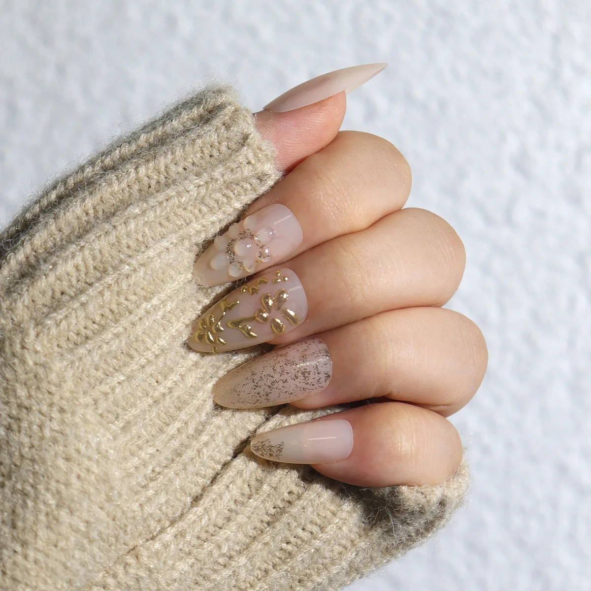 

24PCS Almond False Nails with Glue 3D Flower Golden Patterns White French Press on Nails Glitter Sequin Wearable Manicure Tips