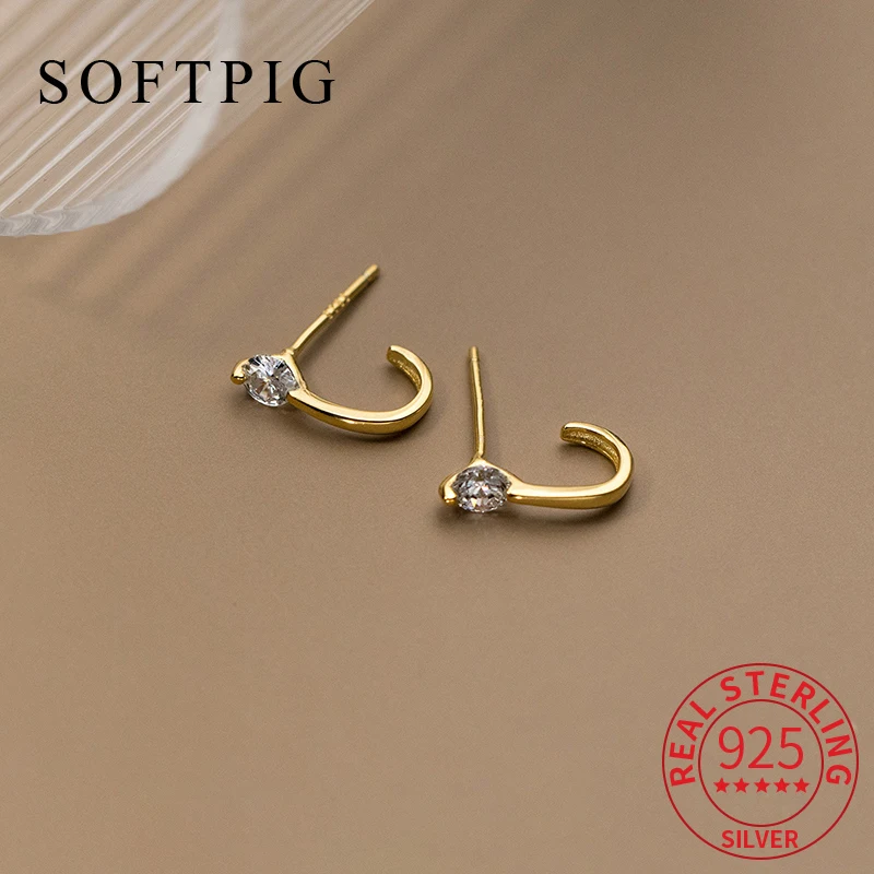

SOFTPIG Real 925 Sterling Silver Single Zircon Hook 18K Gold Stud Earrings for Women Classic Fine Jewelry 2024 Accessories