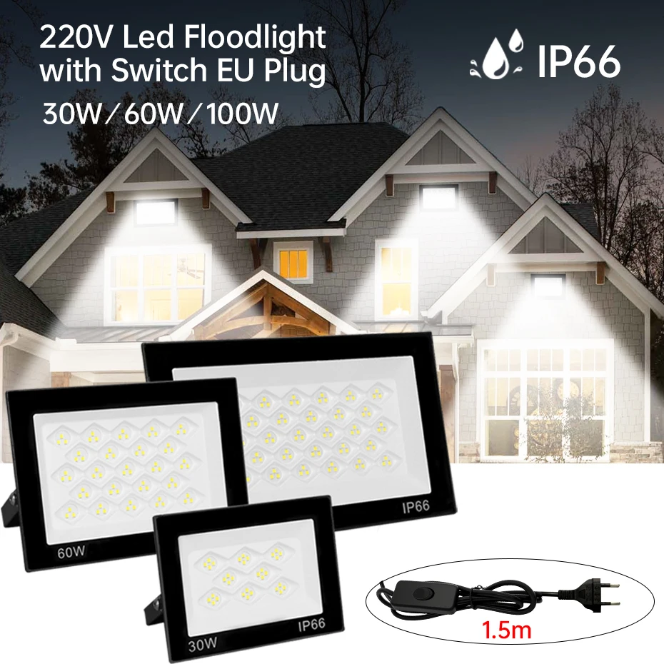 AC220V LED Floodlight 30W 60W 100W 6500K IP66 Waterproof Outdoor Garden Reflector Spotlight Wall Lamp with EU/AU/UK Plug Switch