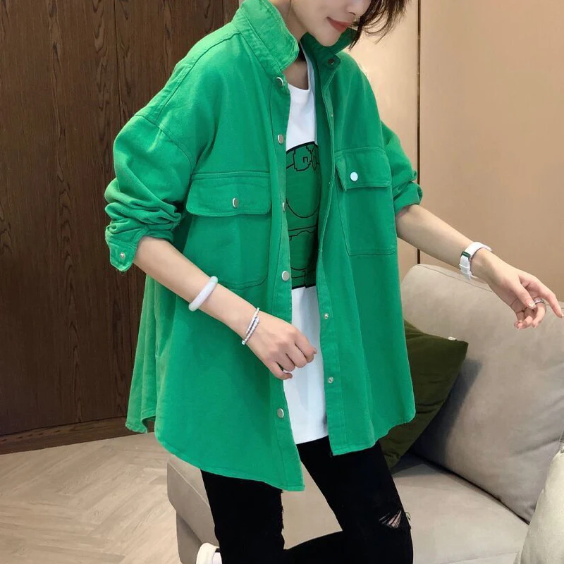 Moda damska Koreańska zielona koszula Wiosna Jesień Nowy Oversize Luźne bluzki z długim rękawem w jednolitym kolorze Wygodna odzież damska
