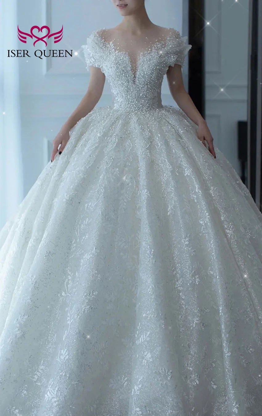 ที่กําหนดเองพิเศษแขนไข่มุกลูกปัดชุดแต่งงานชุดบอลลูกไม้ Appliques สวย Civil ชุดแต่งงานสําหรับเจ้าสาว WX0333