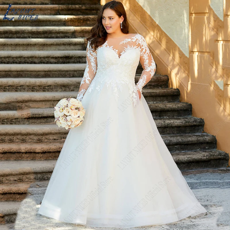 Layout niceb Hochzeits kleid plus Größe Frau lange Ärmel Illusion zurück eine Linie Brautkleider Spitze Applikationen vestido de casamento Hochzeitskleid Plus Size Frau Lange Ärmel  Illusion Back A Line Brautkleider Sp