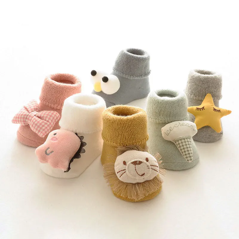 Autumn Winter Baby Girls Soft Cotton Terry Floor Socks Newborn 3D Doll Cartoon Animal Bow Anti Slip Shoes for Infant Boy Clothes