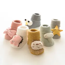 Autumn Winter Baby Girls Soft Cotton Terry Floor Socks Newborn 3D Doll Cartoon Animal Bow Anti Slip Shoes for Infant Boy Clothes