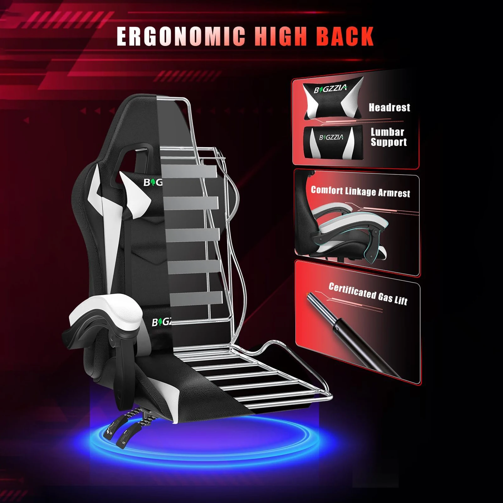 RGB Gaming Chair LED Lights Ergonomic Computer Chair Reclining PU Leather High Back Video Game Chair Adjustable Lumbar Support