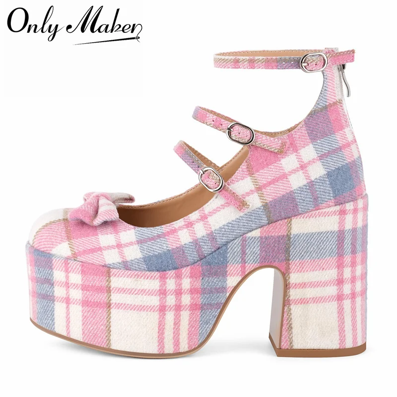 

Женские туфли Onlymaker на платформе с круглым носком, на массивном каблуке, из клетчатой ткани, с бантом и ремешком на щиколотке, на высоком каблуке