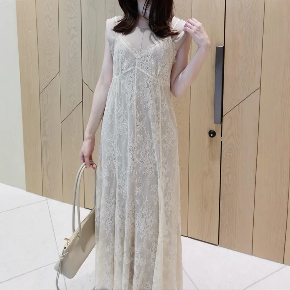 Japanese Style Stacked Lace Suspender Dress Two-piece Set Women Outfits Gentle Sleeveless Knitted Inner Long Dress