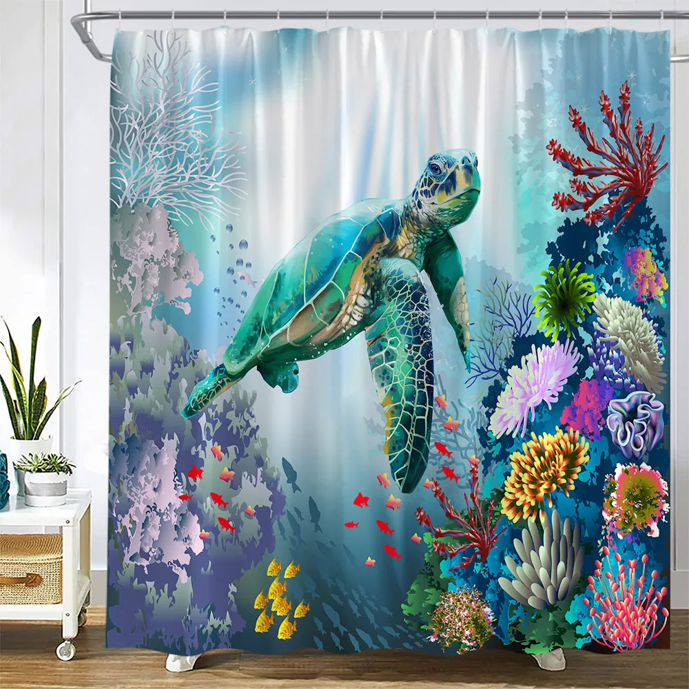 Ocean Animals Shower Curtains Sea Turtle Coral Fish Underwater Scenery Children Bath Curtain Polyester Bathroom Decor with Hooks