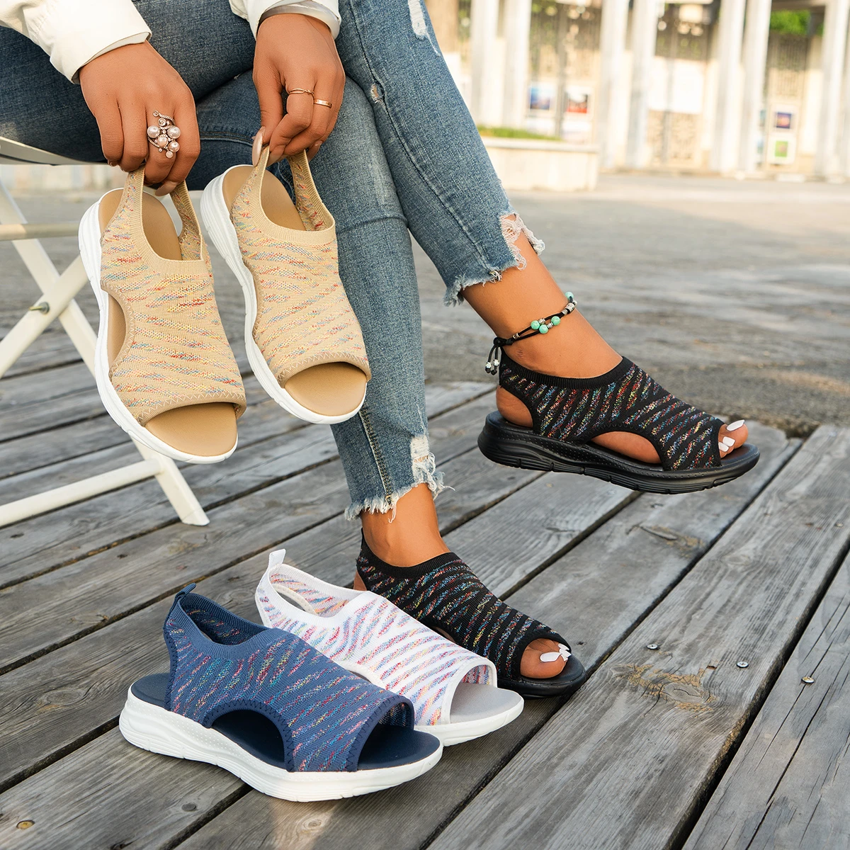 Summer Fashion Women Mixed color knitting mesh breathable Low Heel Wedges Sandals Woman Arch Support Comfortable slippers Size43