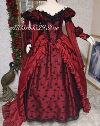 Crimson Medieval Victorian Prom Dress 2024 Gothic Tie Applique Lace Theatre Evening Gowns Puffy Ruffle Ruffle Princess Party