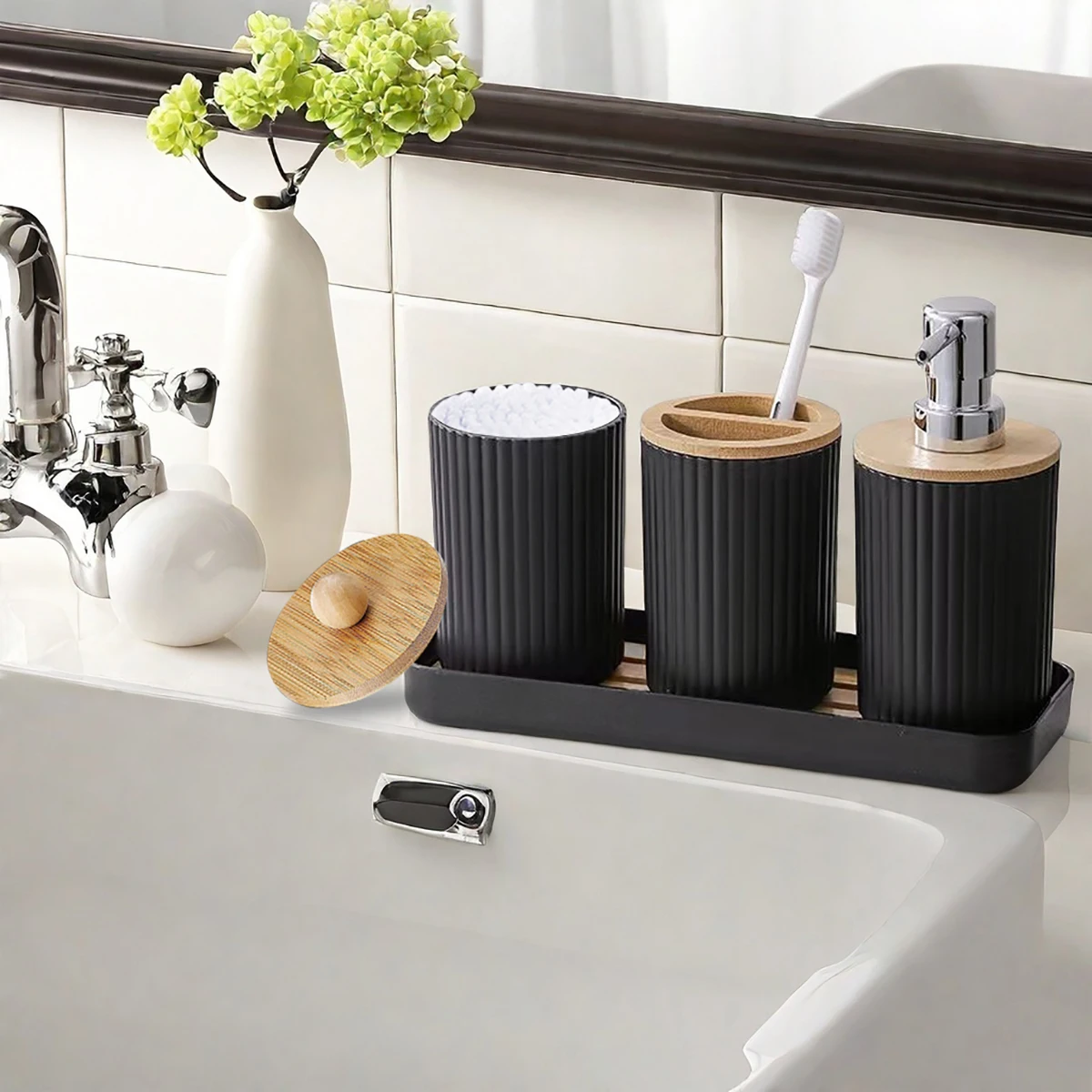 Bathroom Accessories Set Vanity Counter Soap Dispenser Toothbrush Cotton Swab Holder and Tray Set Bathroom Decor Apothecary Jars