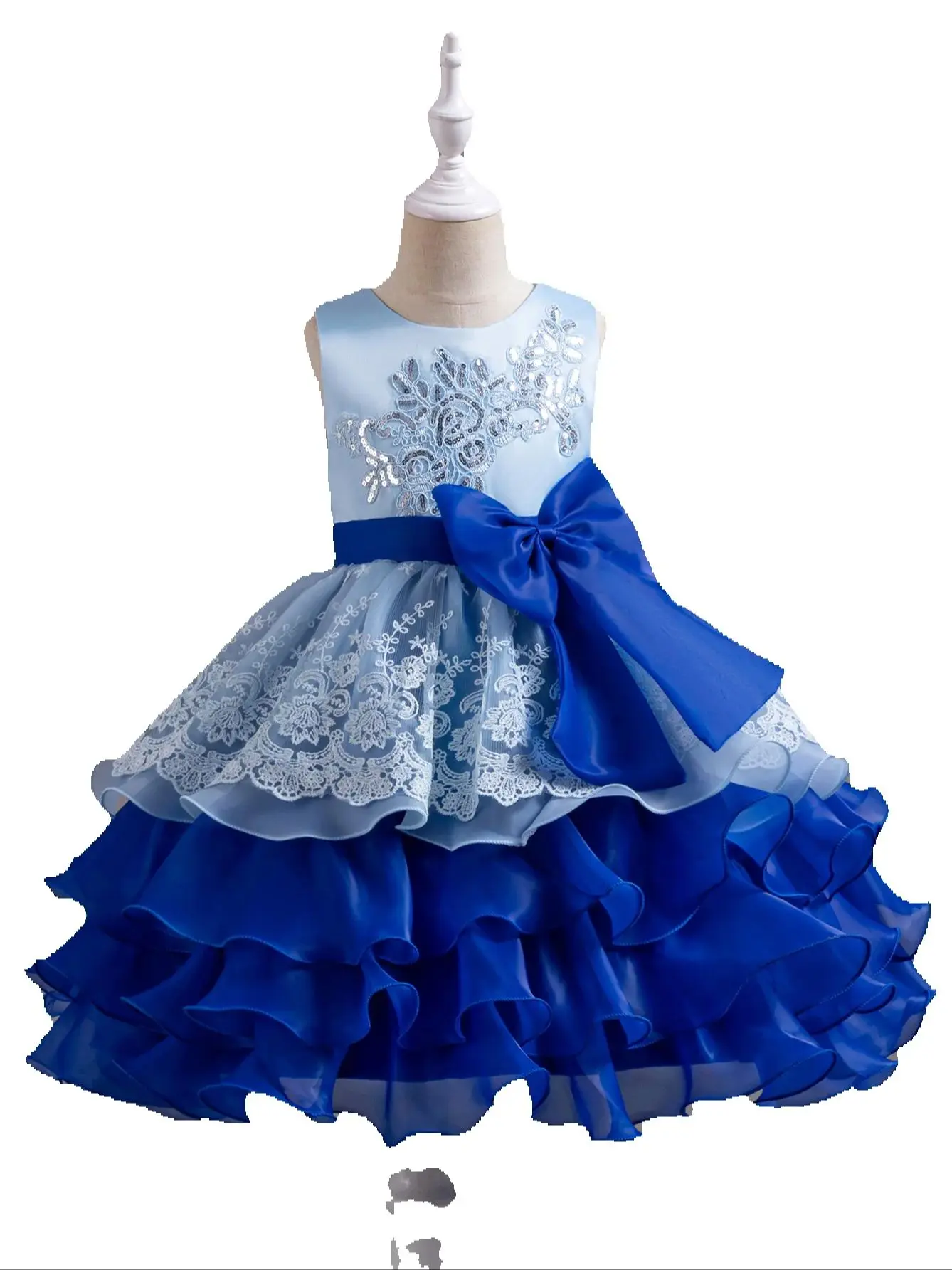 

Cute blue bow girl multi-layer cake princess Dress suitable for casual wear on Children's Day outings