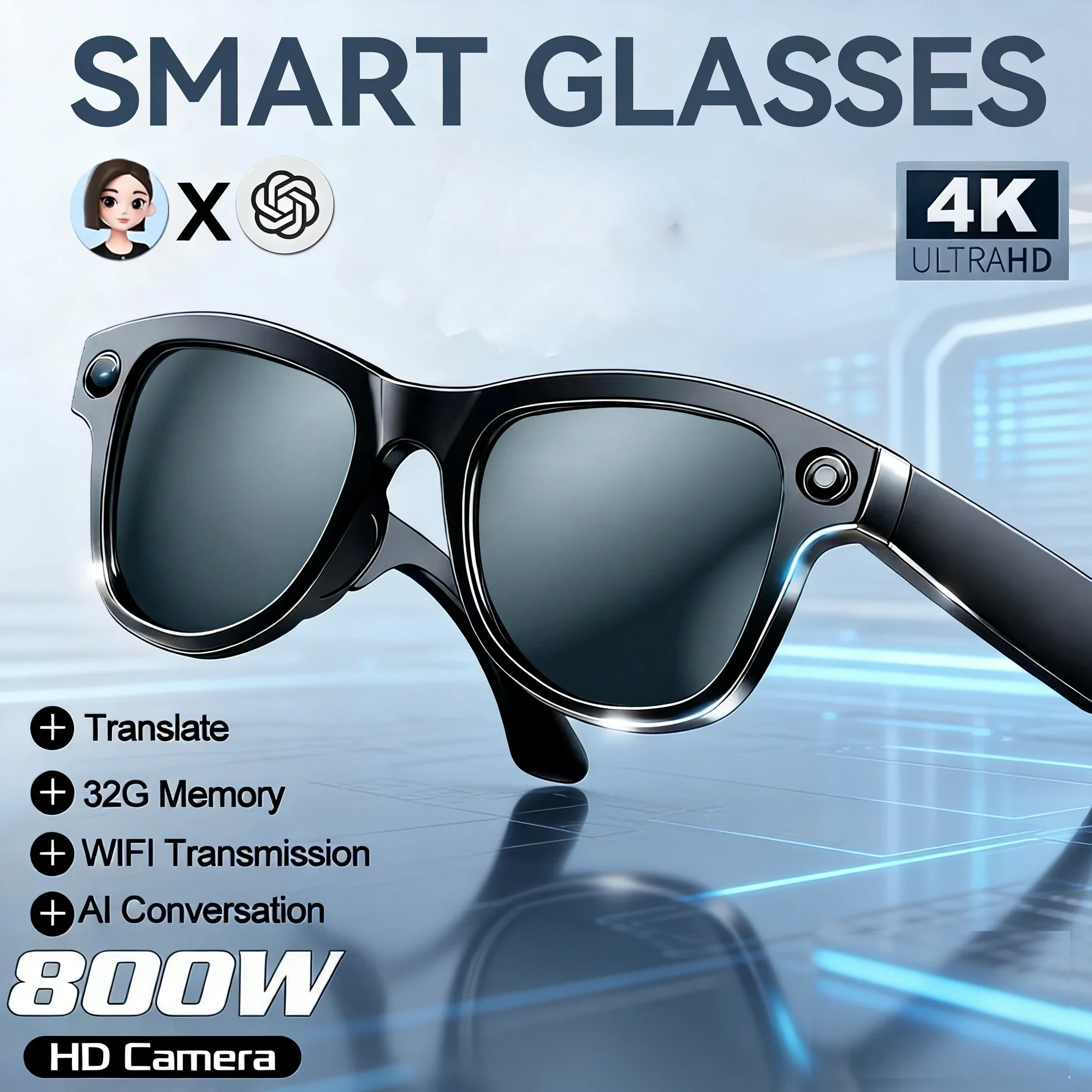 

AI Smart Glasses with 8MP Camera 100+ Language Translation Sunglasses Bluetooth Call & Music Play Video Recording Feature