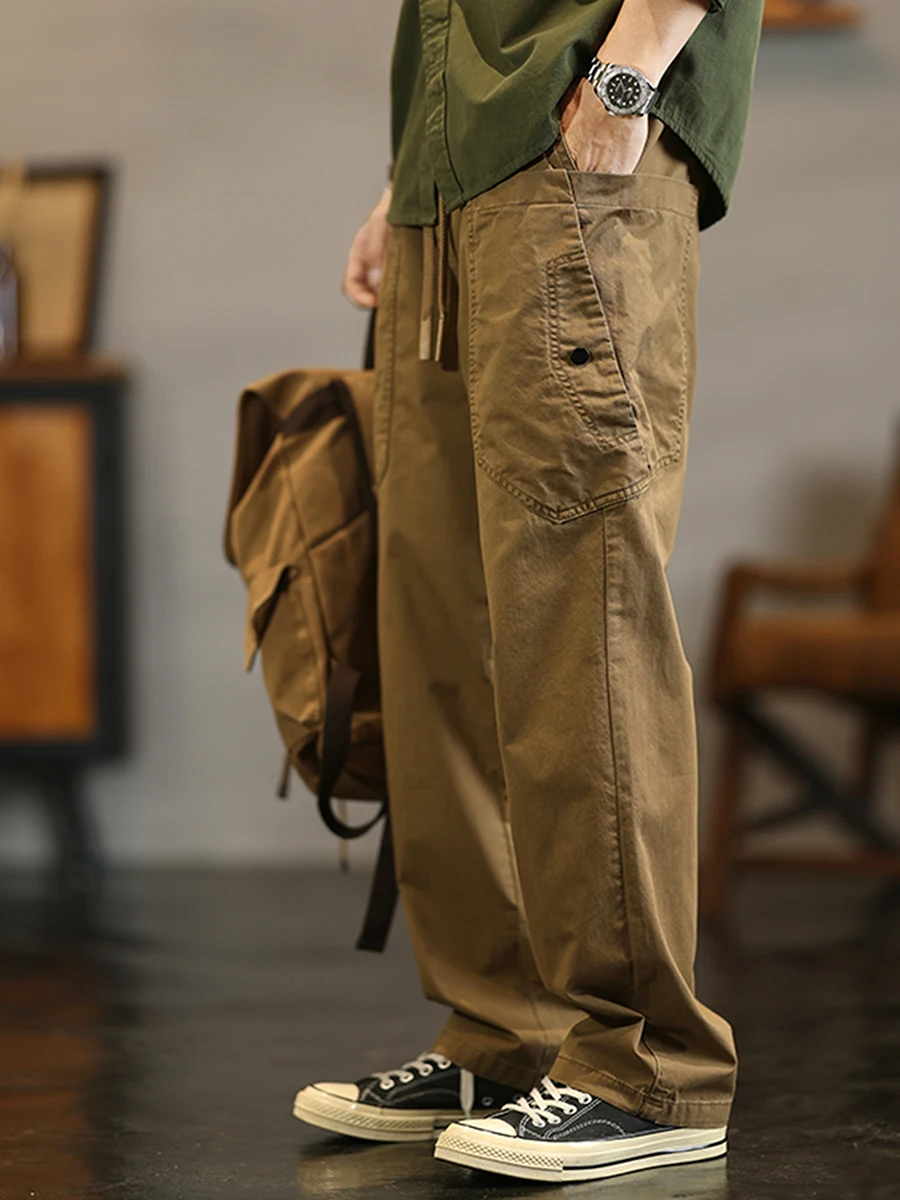 

Мужские повседневные брюки прямого кроя в американском ретро-стиле с большими карманами, модные весенние рабочие брюки свободного кроя, молодежные, энергичные.