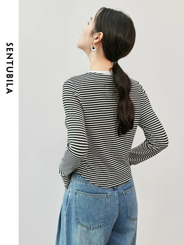 SENTUBILA Long Sleeve Striped T-shirts Wool Blend Knit Tops Women 2024 Autumn Casual Patchwork Hight Strecth Clothes 143T56267