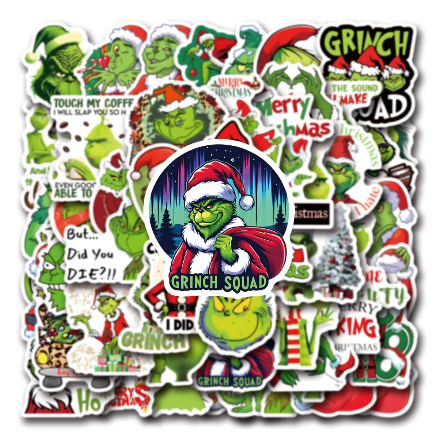 50-55PCS Grüne Figuren Grinch Weihnachten Graffiti Aufkleber Handy Auto Roller Laptop Kühlschrank Dekoration Aufkleber Spielzeug