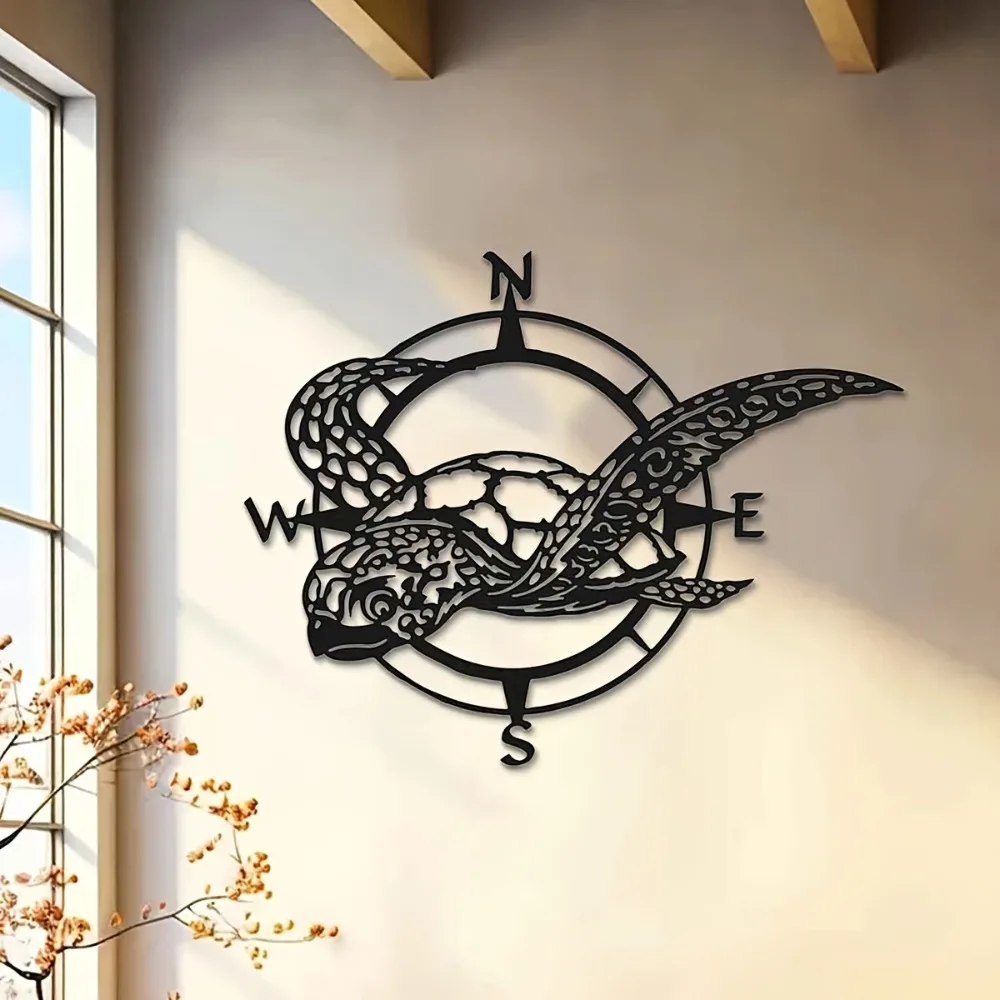 1pc Turtle Compass Metal Wall Art Iron Nautical Coastal Wall Decor for Beach House Patio Gift for Ocean Lovers Travel Theme