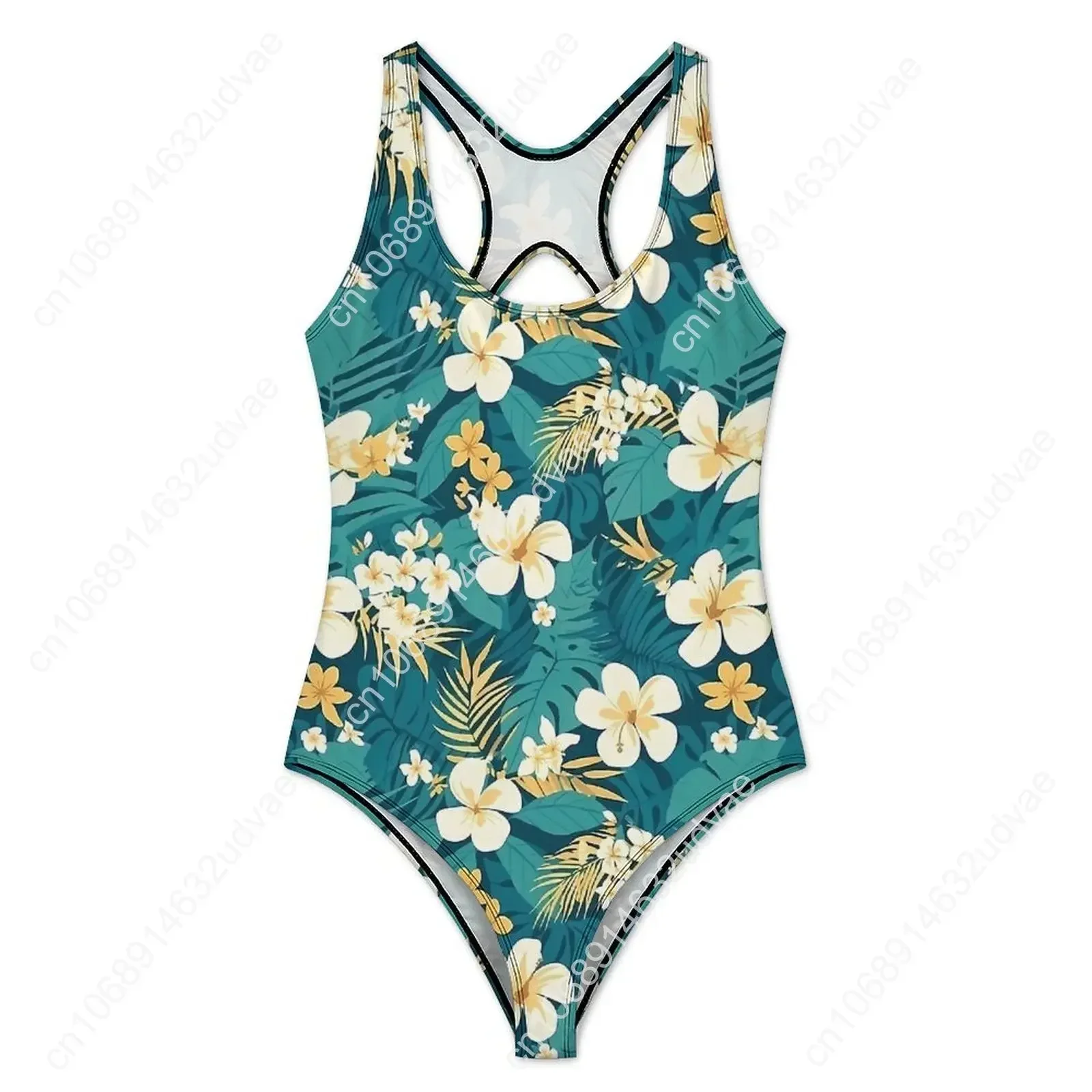 Tropical Flower Green Hawaiian Motif Swimsuit Sexy Women Swimwear One Piece Simple Bodysuit Vacation Bath Push Up Bathing Suits