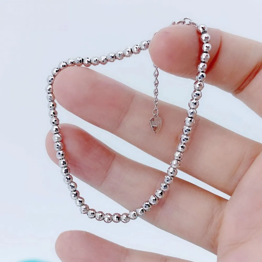 Real Pure Platinum 950 Chain Women Lucky 3mm Laser Beads Link Bracelet 5.77g/16.5+2cm