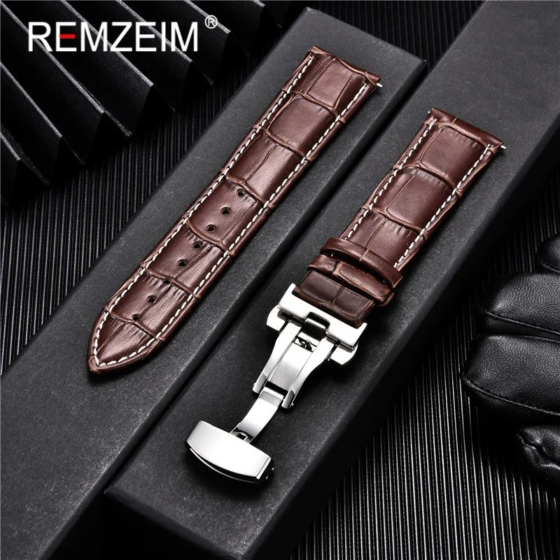 REMZEIM Genuine Leather Strap with Automatic Buckle Watch Band 18mm 20mm 22mm 24mm Replacement Straps Watch Accessories