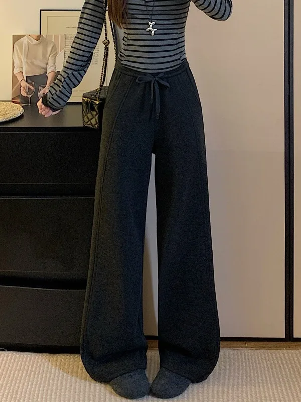 Slimming High Waist Wide Leg Pants Floor Length Coffee Color Fleece Lined Trousers for Women Spring 2026 New Style plus Size