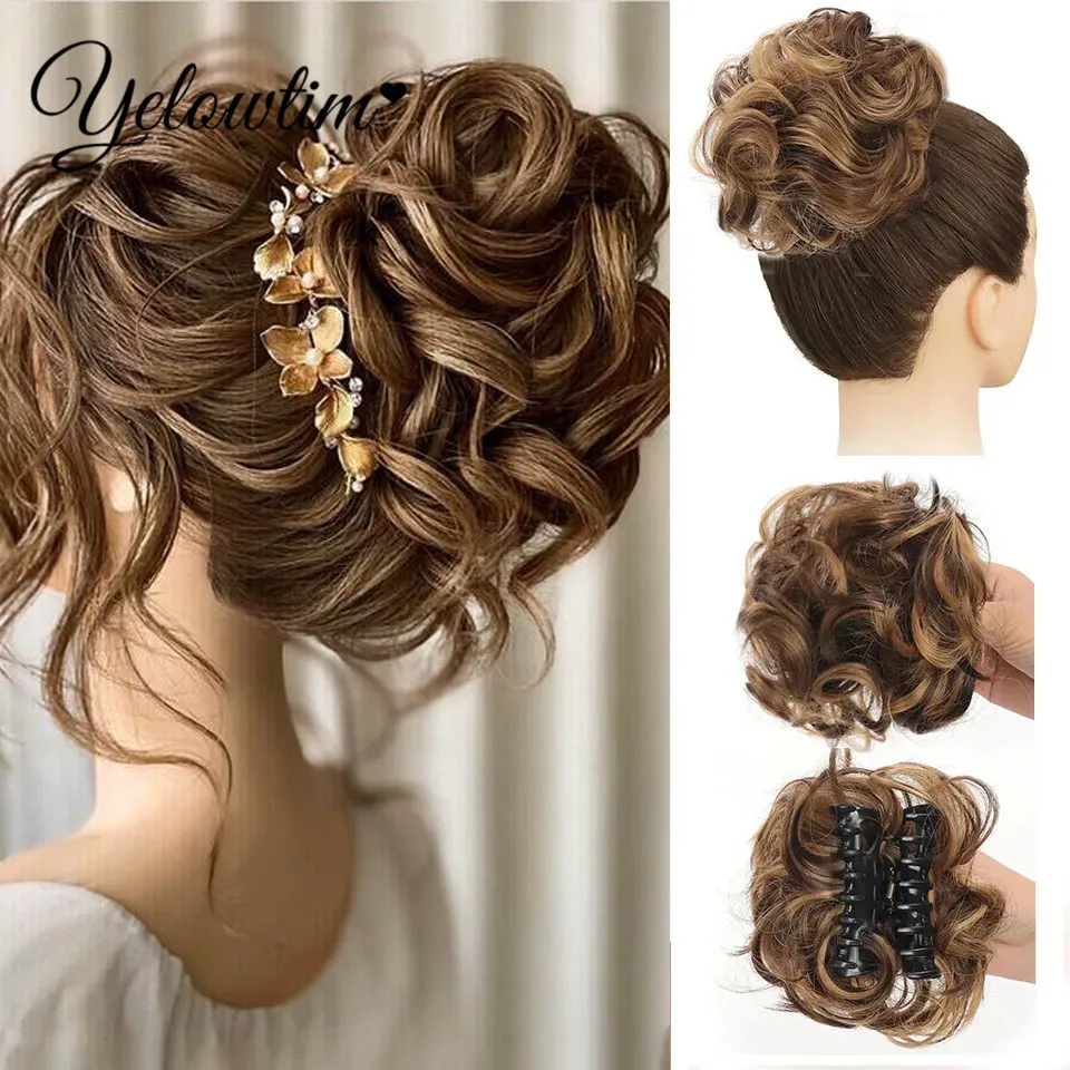 

YELOW Synthetic Chignon Messy Bun Claw Clip in Hair Piece Wavy Curly Hair Bun Ponytail Extensions Scrunchie Hairpieces for Women