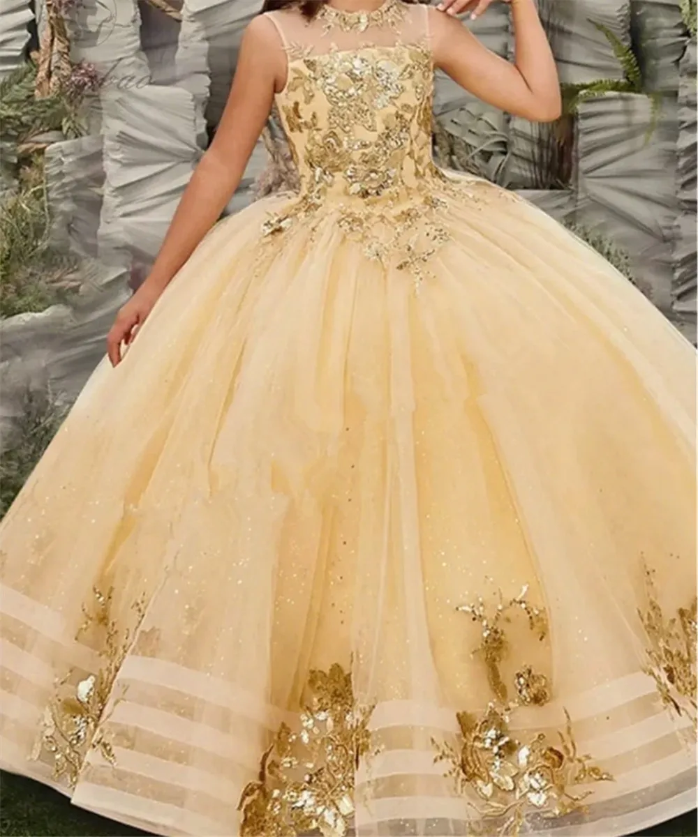 

Luxury Flower Girl Dress For Wedding Sleeveless Applique Puffy Princess Kids Birthday Party First Communion Ball Gown Customized