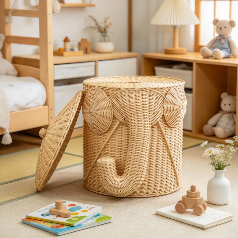 Handwoven Elephant Storage Basket Natural Fiber Organizer for Bathroom Decorative Laundry Hamper with Lid Multi-Use Bin for Home