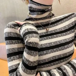 Women's Pullover Striped Bottom Autumn Winter New Color-blocked Printed Long Sleeve High Neck Sweater Fashion Slim Knitted Tops