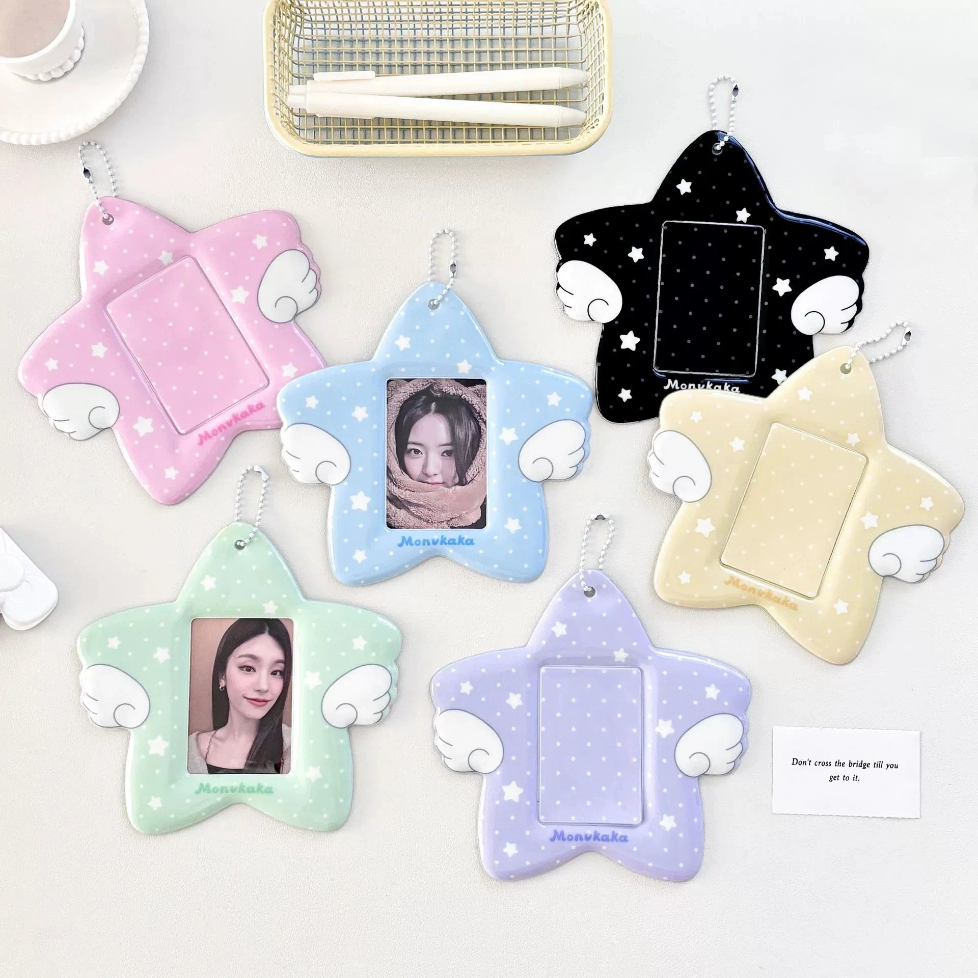 MINKYS Kawaii Star Wings Shape 3 inch Kpop Photocard Holder Photo Card Holder Bag Pendant School Stationery