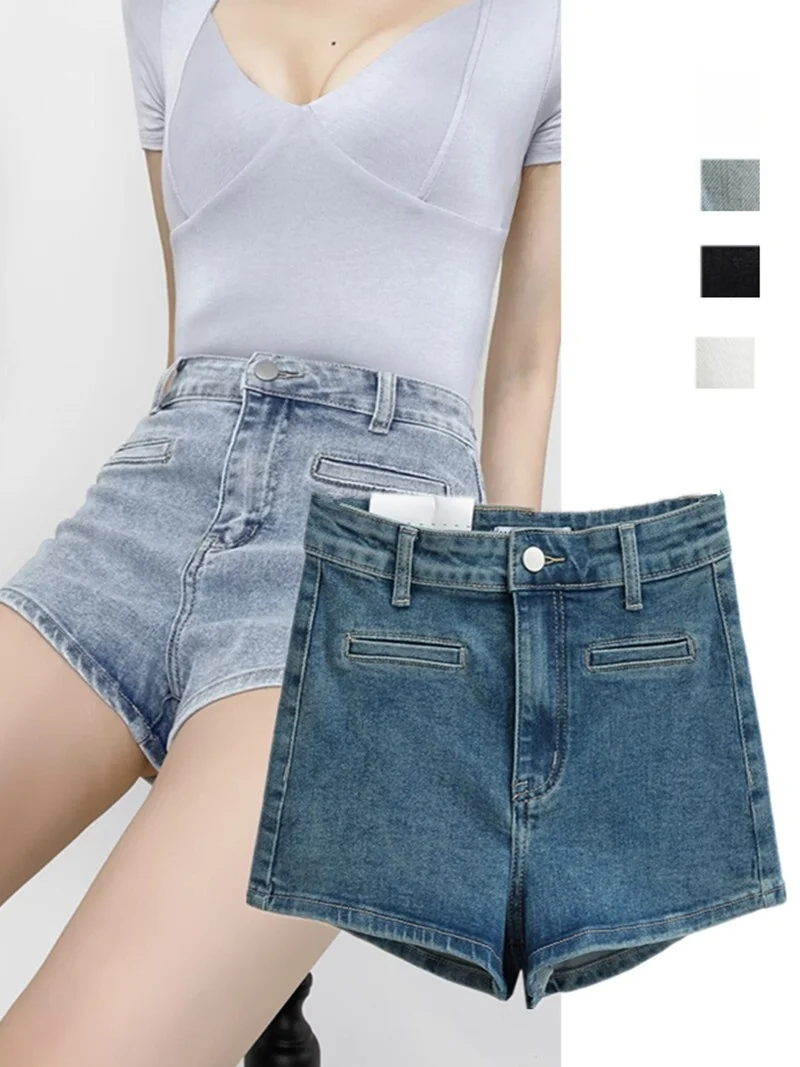 Hoge taille rekbare denim orts Dames Pittige A-lijn rokbroek Zomer Nieuwe Sle Rechte pijpen Hoge taille orts Diep licht...