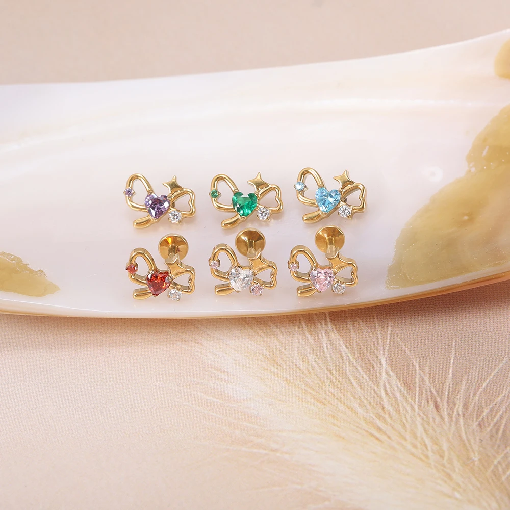 20pcs/lot ASTM‑F136 Titanium Internal Threaded Piercing Stud Bow Heart Star For Labret Tragus Helix Cartilage Lip Body Jewelry