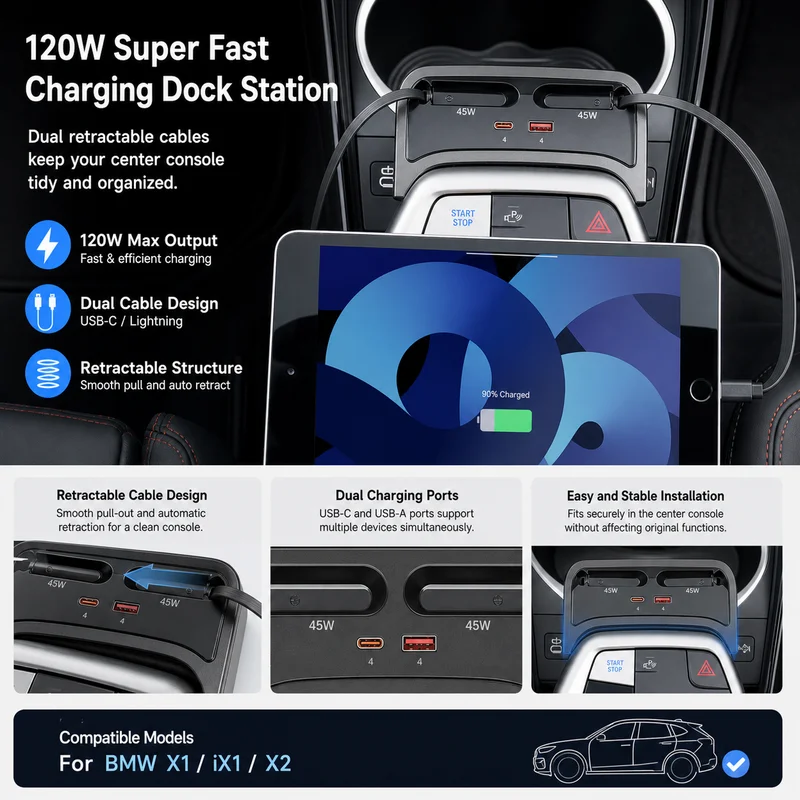 For BMW X1 IX1 X2 Docking Station Charger Super Fast Center Console Auto Retractable Cable Interior Modification