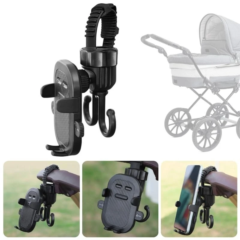 

QX2D 2 in 1 Baby Strollers Accessory 360 Degree Rotate Phone Mount Stand Strollers Hanging Hook for Parents During Travel