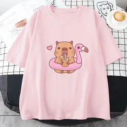 Capybara Loves Drinking Bubble Tea Short-sleeved T-shirt for Women's Summer Tide Anime Print Shirt 100% Pure Cotton O-neck Tops