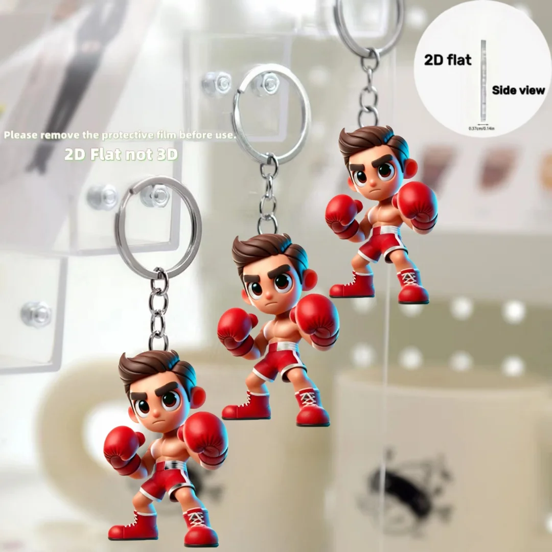 2D Boxing Boy Keychain Cartoon Pendant Boxing Themed Flat Acrylic Ornament Charmsfor Car Bags Festive Party Gift Hanging Decor