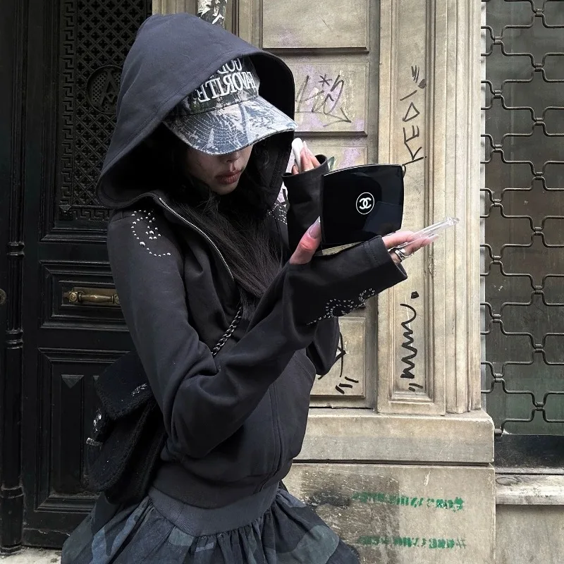 ديبتاون الأسود الجمالية حجر الراين المرأة هوديس الشرير Harajuku خمر سحاب أكمام طويلة بلوزات ضئيلة الجرونج الشارع الشهير #4