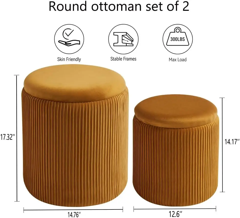 Round Ottoman Set of 2 with Storage, Multifunctional Upholstered Stool for Makeup, Coffee Table and Foot Rest in Yellow