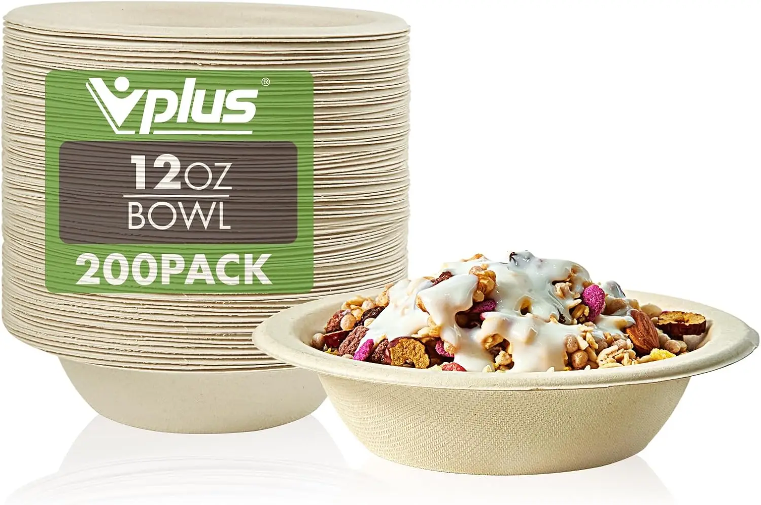 

200 Pack 12 OZ Paper Bowls, Disposable Compostable Bulk, Eco-friendly Bagasse, Heavy-duty Bowls Perfect for Milk Cereal