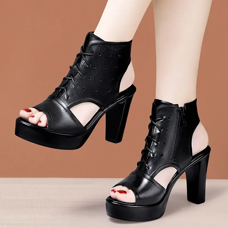 Small Size 32-43 Sexy Genuine Leather Sandals Women\'s Platform Shoes Summer 2024 Black Block High Heels Gladiator Sandals Office