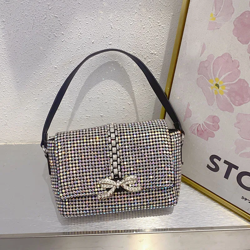 Stylish Simple and Shiny Diamond-Encrusted Bow Small Square Bag Celebrity Dinner Bag Underarm Portable Shoulder Bag