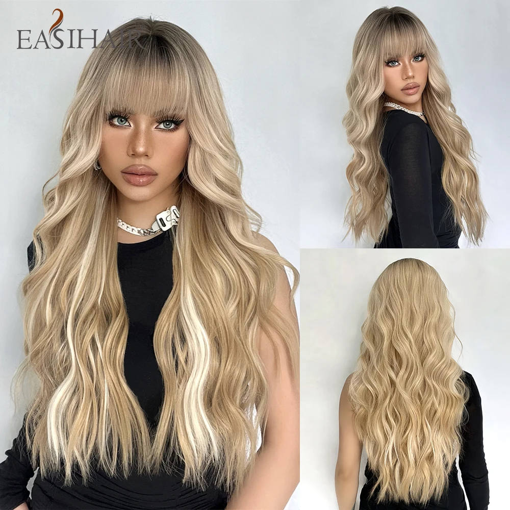 EASIHAIR Długie kręcone syntetyczne peruki z grzywką Blond z platynowym podświetleniem Peruka dla kobiet Jedwabiste włosy Odporne na ciepło Peruka Cosplay