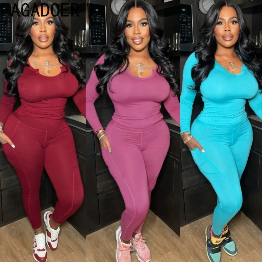 FAGADOER Women's Ribbed 2 Piece Set Long Sleeve Slim Fit Top + Leggings Stretchy Yoga Lounge Tracksuit Fall Winter Casual Outfit