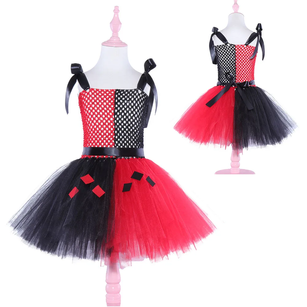 Girls Clown Joker Costume Kids Cruella De Vil Halloween Villain Fantasy Cosplay Dot Fancy Dress Birthday Children Tutu Dress