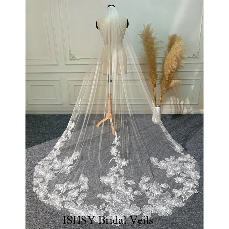 فريدة من نوعها مطرز سباركلي الزفاف الحجاب الزهور الكبيرة الزهور الساطعة كاتدرائية طويلة الأبيض العاجي تول للعرائس #1