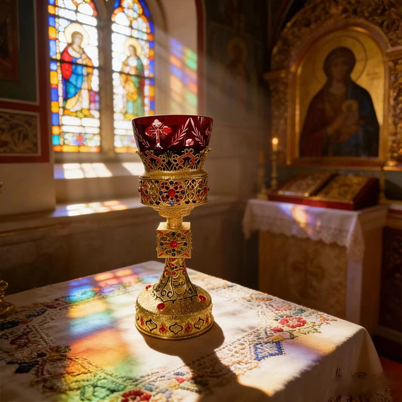 Vergoldeter orthodox-katholischer Liturgiekelch mit emaillierten roten Edelsteinen und rotem Glasbecher für die Kirchencommunion und den Heimaltar. – Detail 5