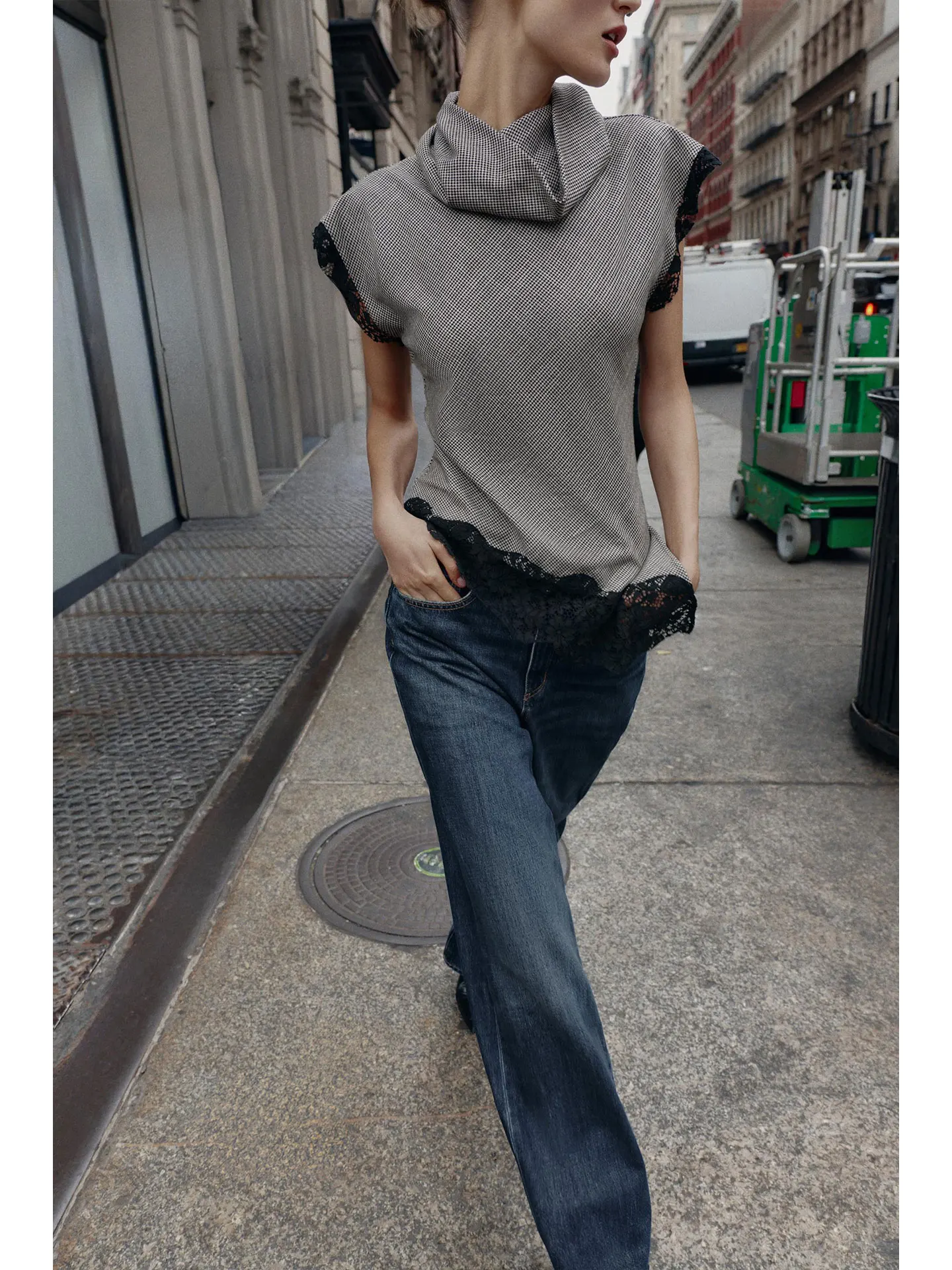 Wiosna 2026 Faion Asymetryczny Krój Stójka Wzór w Kratę Top Damski Casualowy Dopasowany Krój Młodzieżowy Regul...