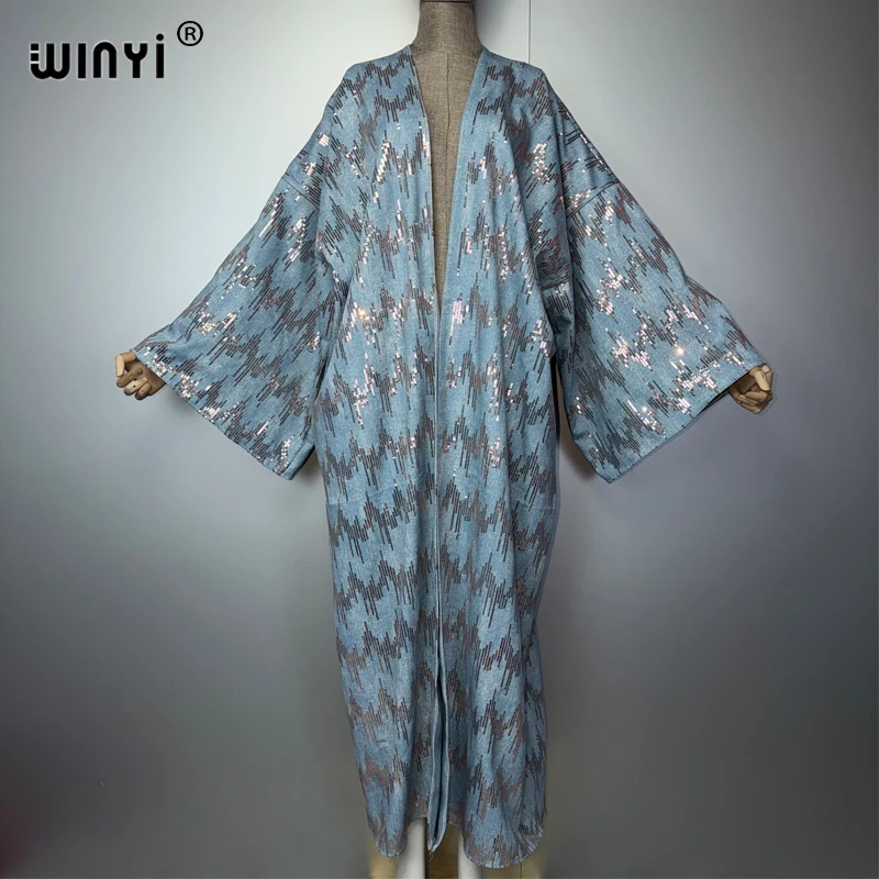 WINYI Sequined Denim Cardigan Women's Long down Coat Loose Maxi Dress Elegant Party Holiday Swimming Cover up Fashion Kimono