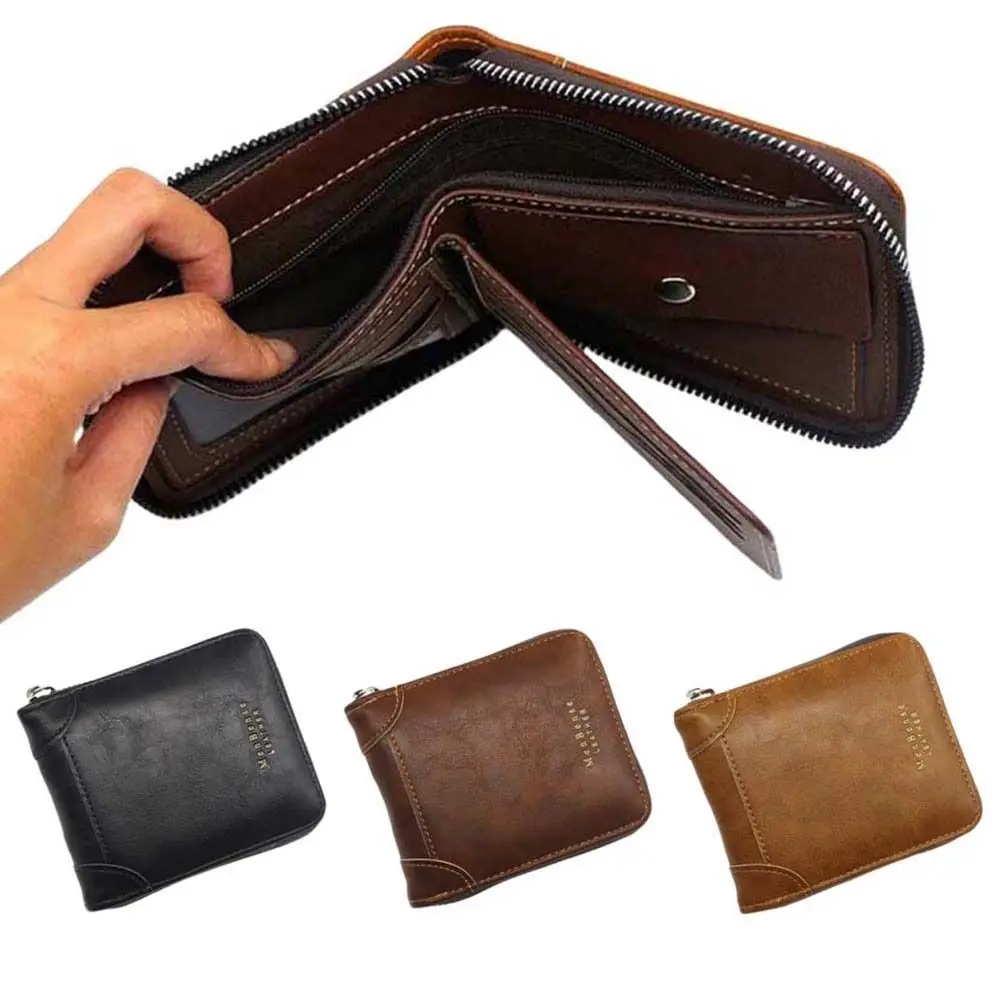 Retro Multi Function Men Short Wallet Zipper Coin Purse PU Leather Men Card Holder Portable Large Capacity Men Coin Purses Men
